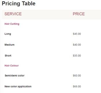 Pricing Table - Hair Care