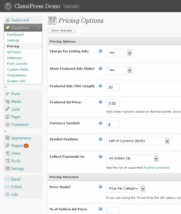 Pricing Options Demo - ClassiPress