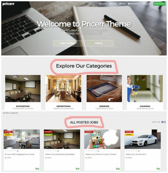 Pricerr Home slider and Featured Jobs Categories