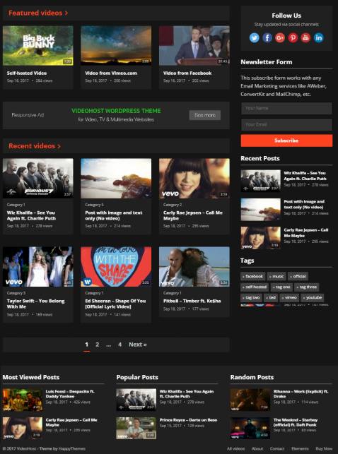 Frontpage Options and Widgets - VideoHost Theme